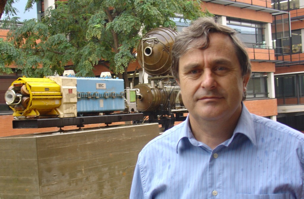 Juan Fuster in front of exhibited LEP components in Valencia. He is the new European regional contact for the worldwide study, taking over from Francois Richard.