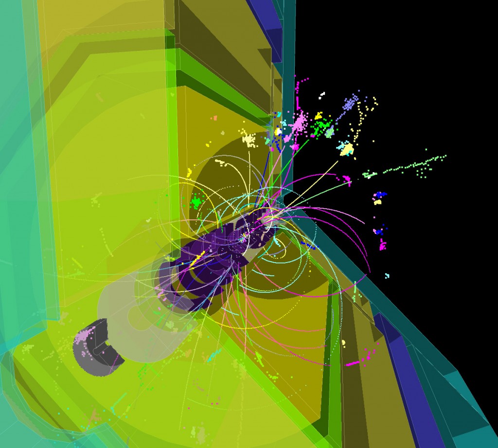 Three-dimensional image of a 500-GeV tt̅ event simulated in the ILD detector