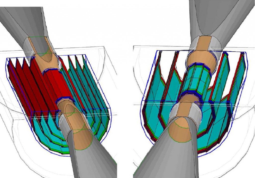 Possible geometries for the ILC International Large Detector. Shown on the left is a design based on five single-sided layers; on the right, a design based on three double-sided layers. Image: ILD