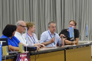 Scientists at the special session at ILC meeting in Oshu city (From left: Mary-Cruz Fouz, CIEMAT, Spain, Mark Thomson, Cambridge, UK, Jenny List, DESY, Germany, Vincent Boudry, CNRS/IN2P3, France, and ) Image: Rika Takahashi